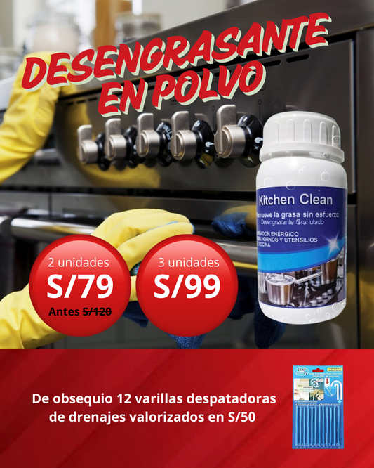 Kitchen Clean-Desengrasante en Polvo Concentrado para Cocina (2 UNIDADES) + obsequio varillas para drenajes